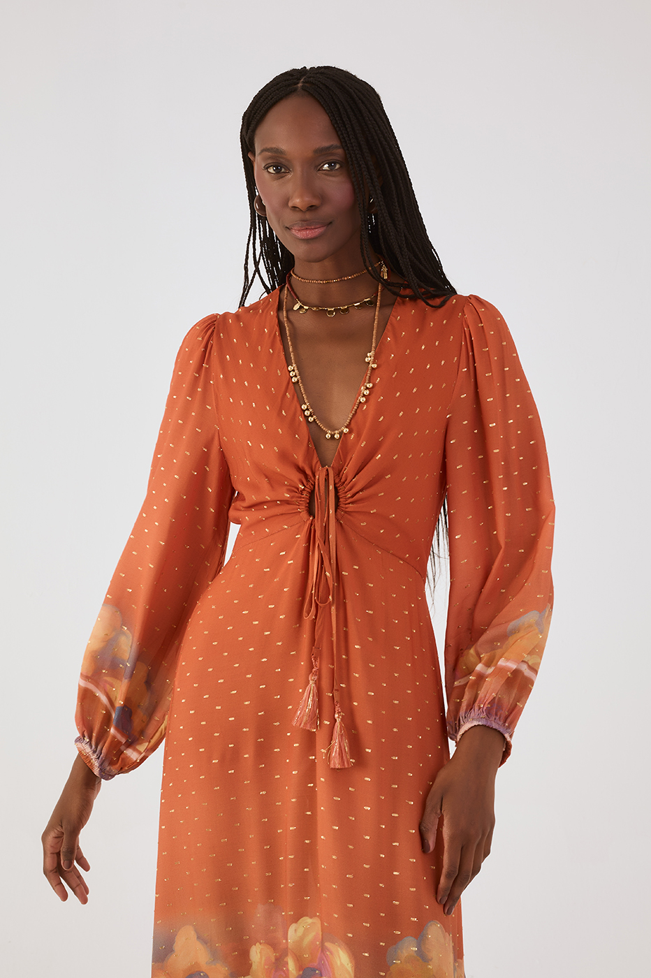 Orange Mare Alta Lurex Front Cut-Out Ties Maxi Dress