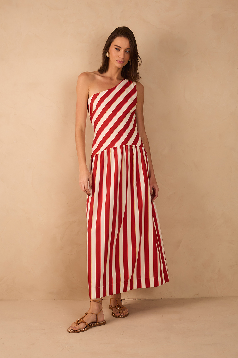 Red Maravilha Stripes One-Shoulder Ties Maxi Dress
