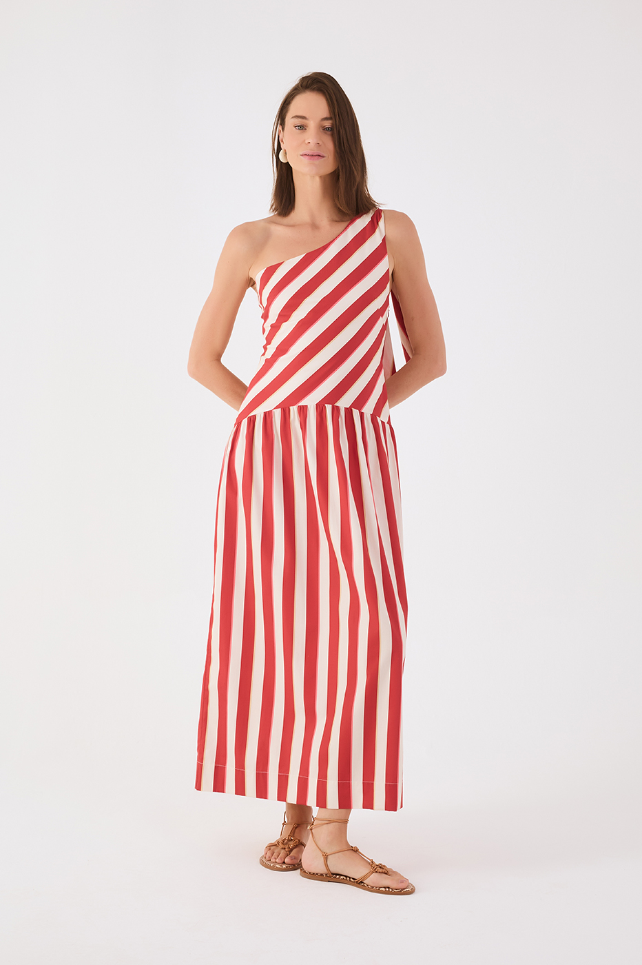 Red Maravilha Stripes One-Shoulder Ties Maxi Dress