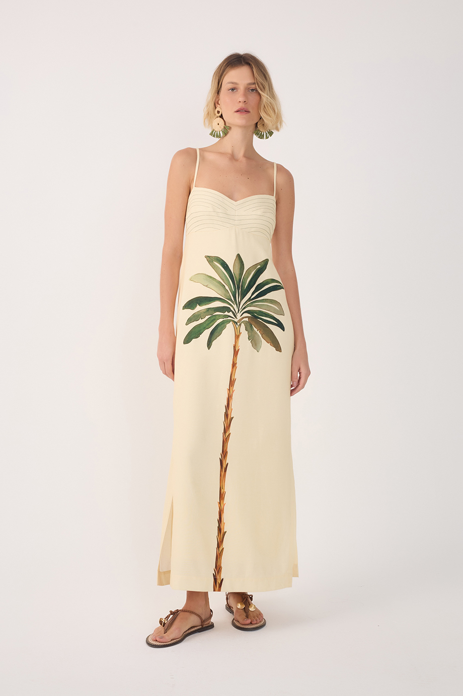 printed linen maxi dress Women's One To Remember Yellow Tropical Print Linen Blend Maxi Dress | Size: S