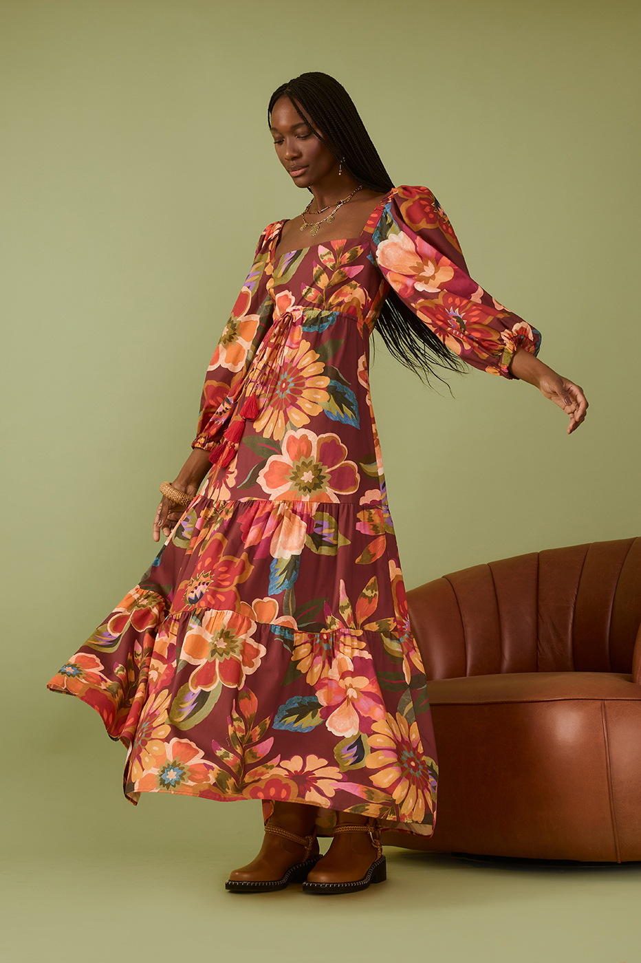 floral printed dress Alie Street Marissa Saffron Yellow Bloom a back bow Light Green and Yellow Floral