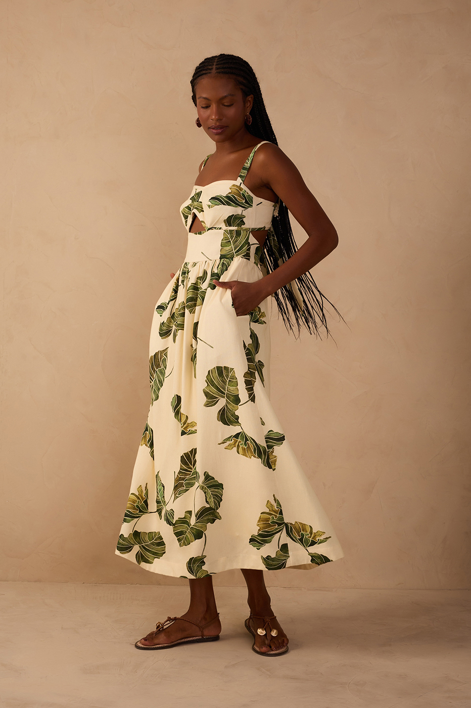 Beige Folhar Cut-Out Linen Midi Dress