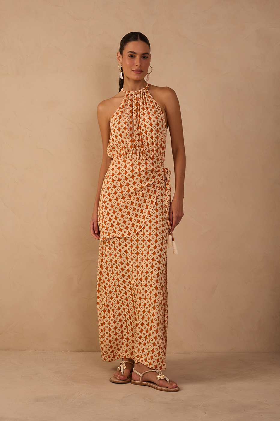 Beige Melissa Halter Neck Wrap Maxi Dress in Melissa Print