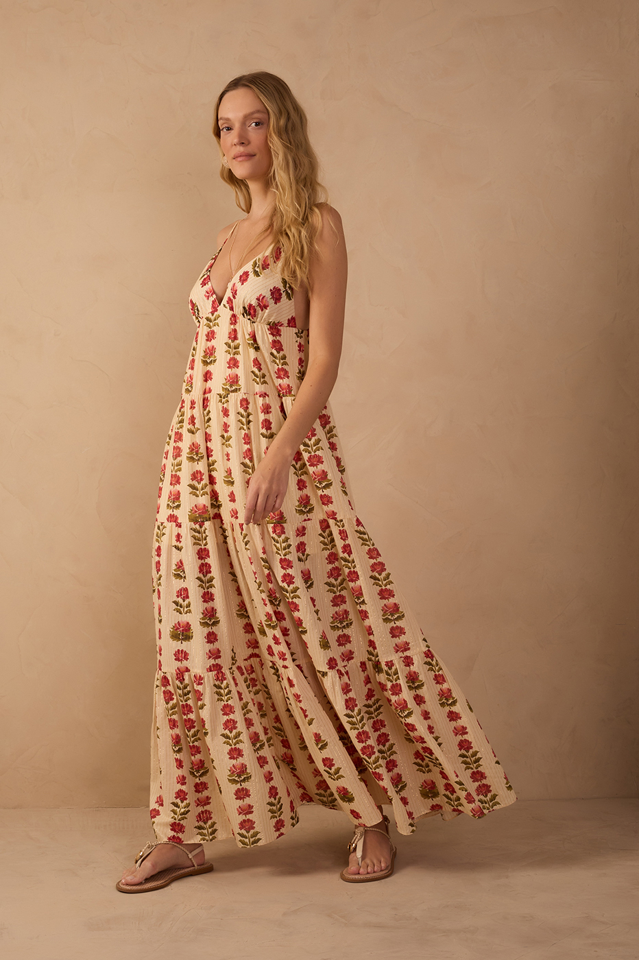 Vestido Longo Lurex Estampa Camélia_1