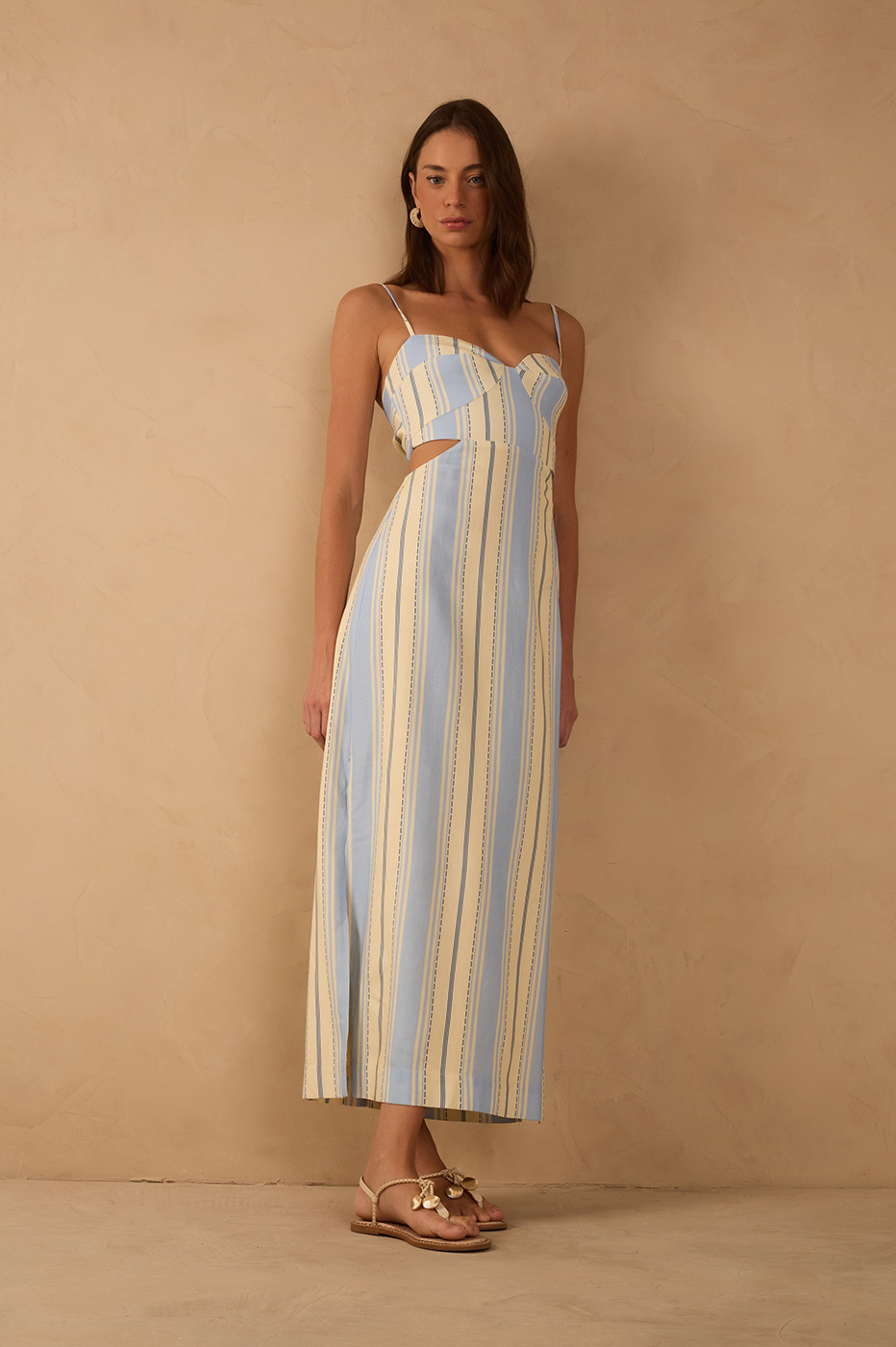 blue and white cut out maxi dress Descanso Stripes Cut-Out Sleeve Length 23 patchwork Lizzo Gave the Sheer-Dress Size:Shrimp (XXS)