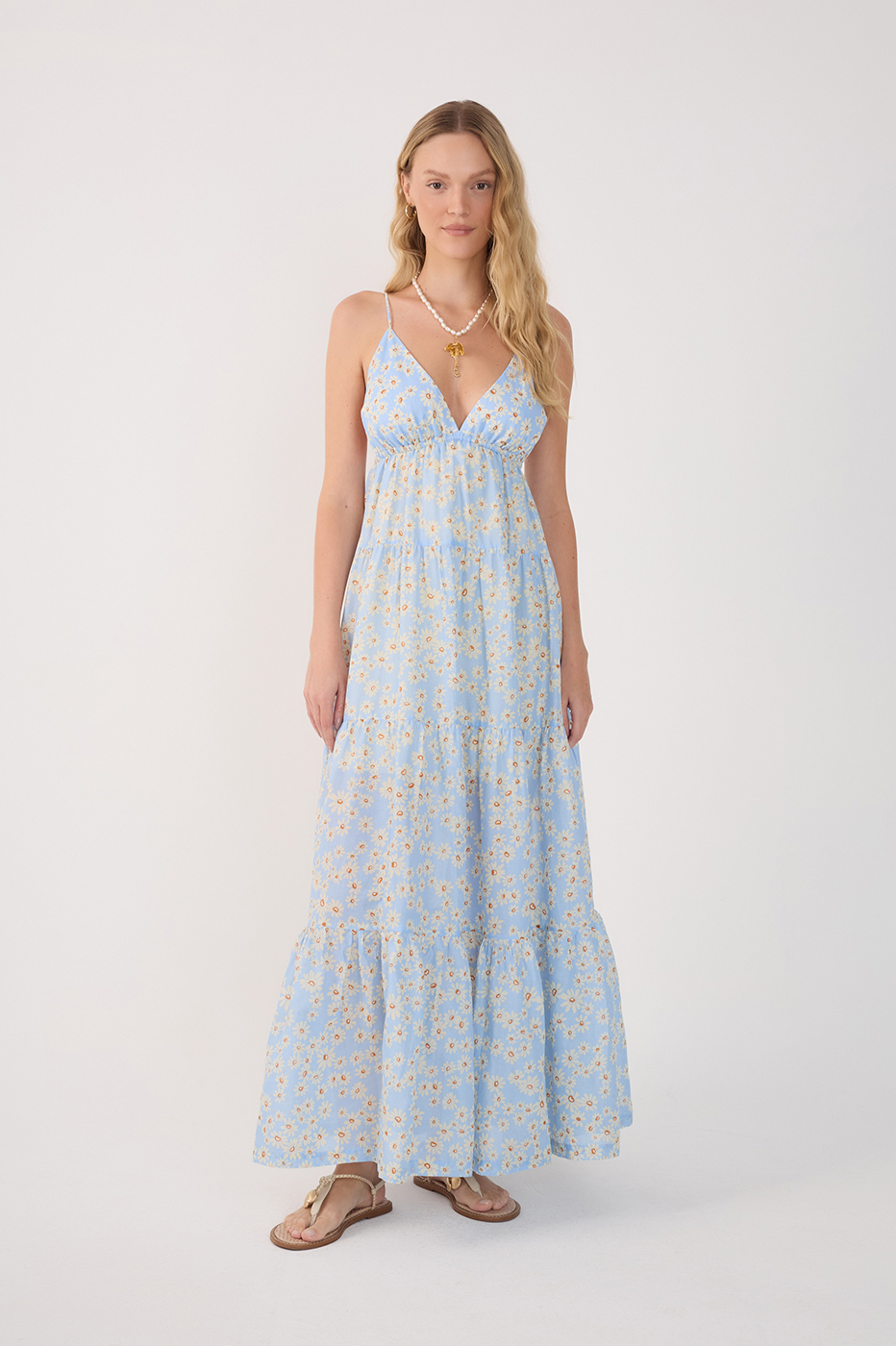 Vestido Longo Estampa Margaridas Azul_2