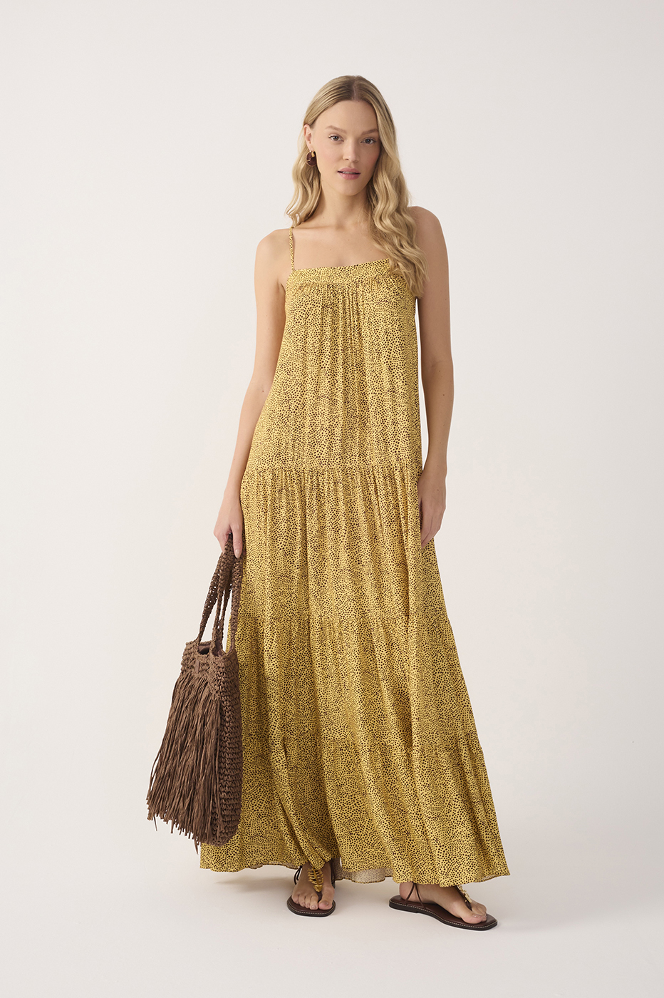 smocked tiered maxi dress Yellow Gotas Smocked Tiered Maxi Dress in Gotas Print