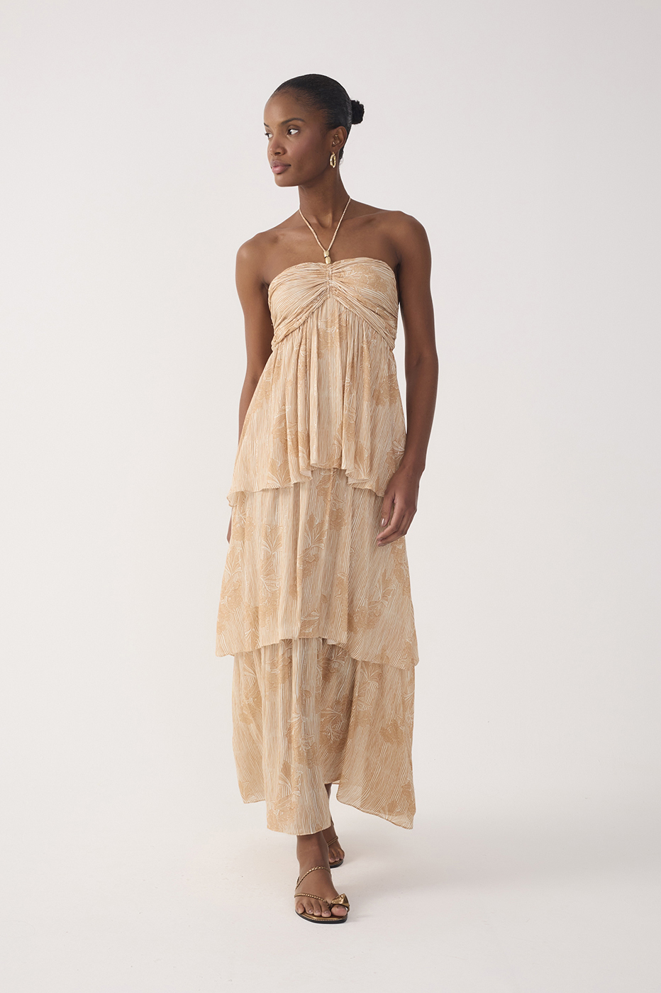 Beige Oceano Smocked Ruffled Maxi Dress_2