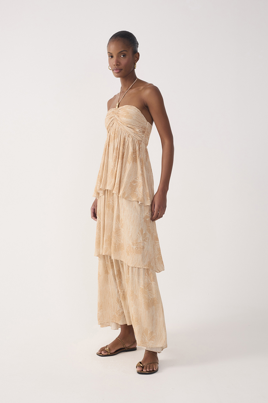 beige ruffle maxi dress Shona Joy - Agnes Draped Ruffle Maxi Dress