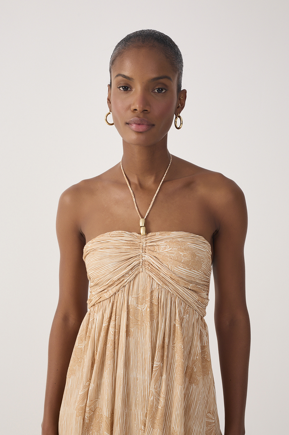 Beige Oceano Smocked Ruffled Maxi Dress_5