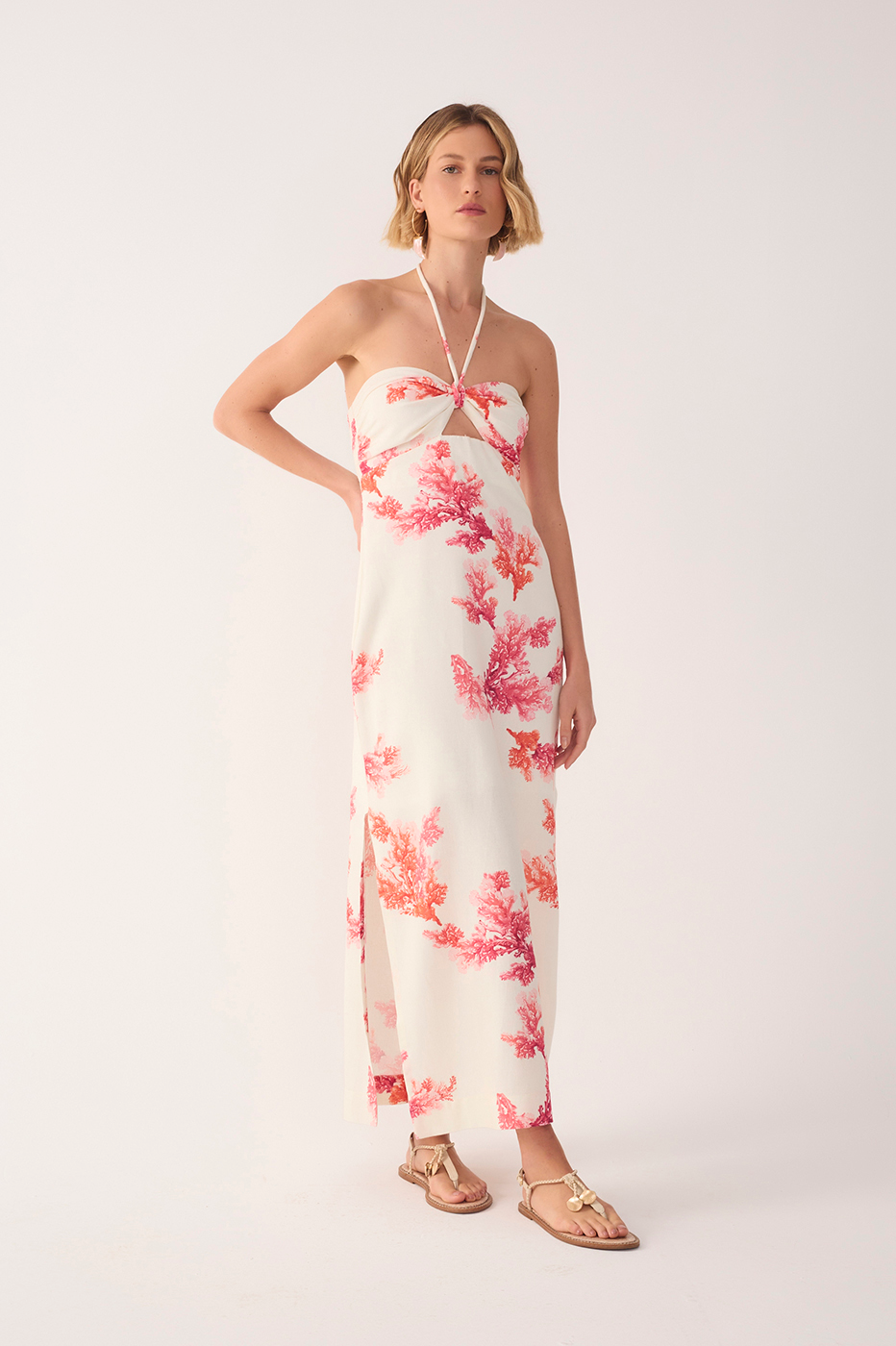 Coral Print Linen Midi Dress