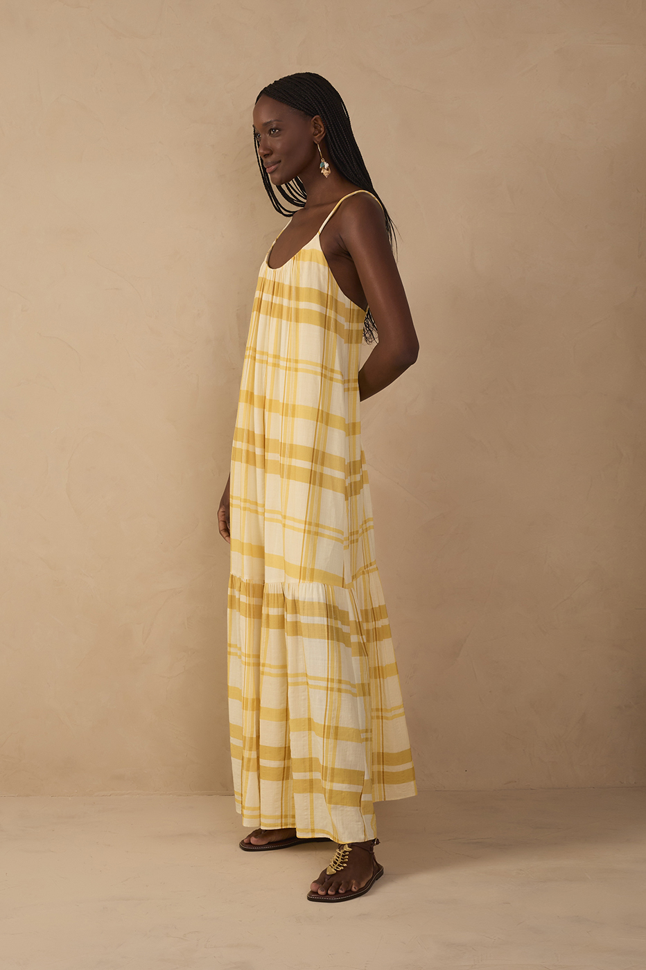 tiered maxi dress yellow Frescor Sleeveless in Frescor Print Lime Lush Yucatán Maxi Dress | Color:Muted Satin Buttercup NYE Tuxedo