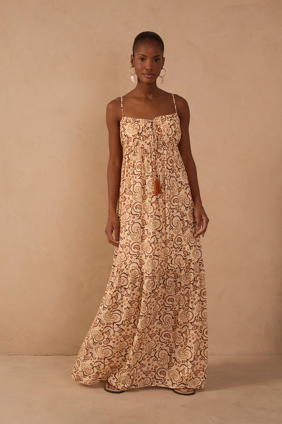 Beige Suspiro Ruched Lurex Maxi Dress