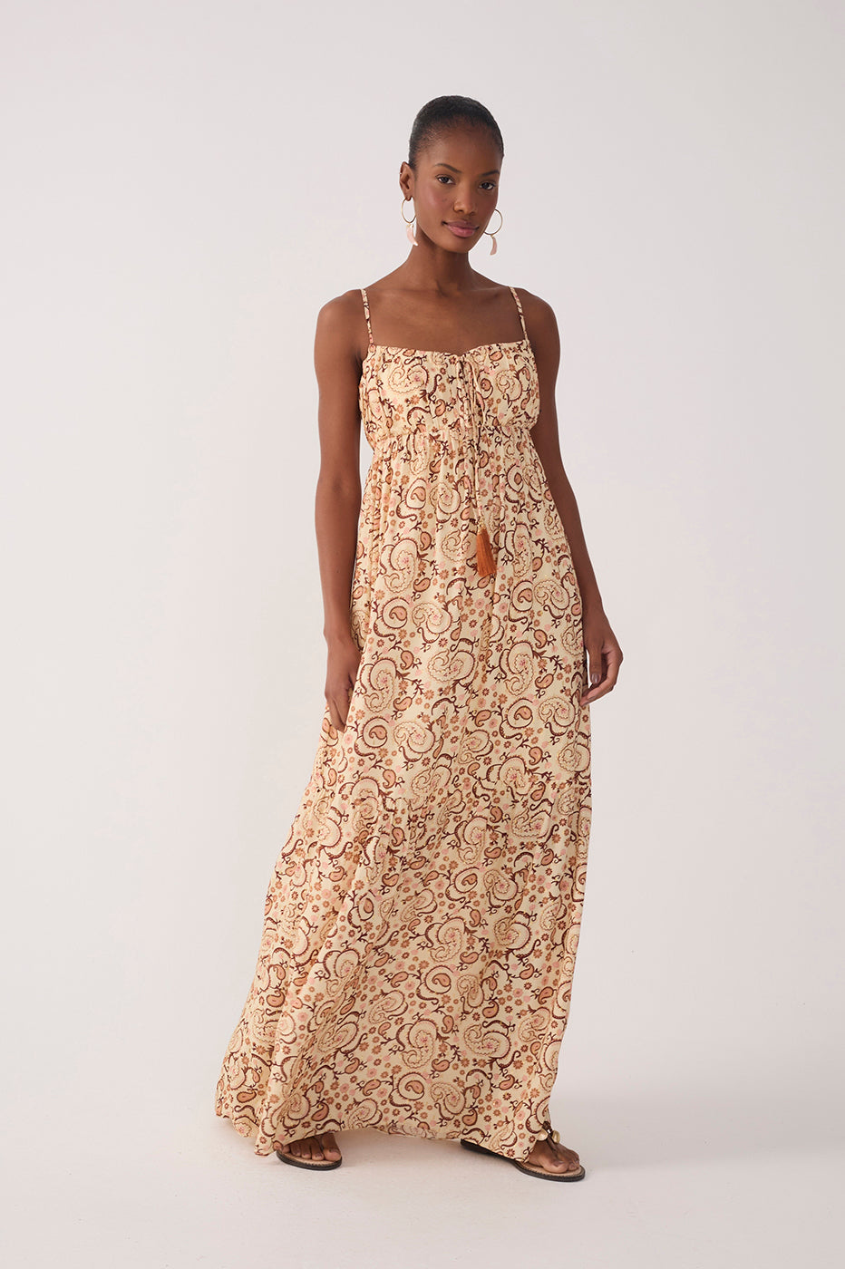Beige Suspiro Ruched Lurex Maxi Dress in Suspiro Print