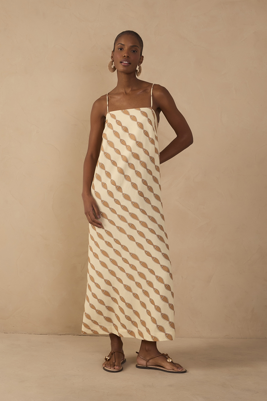 Beige Cardume Square Neck Linen Maxi Dress in Cardume Print