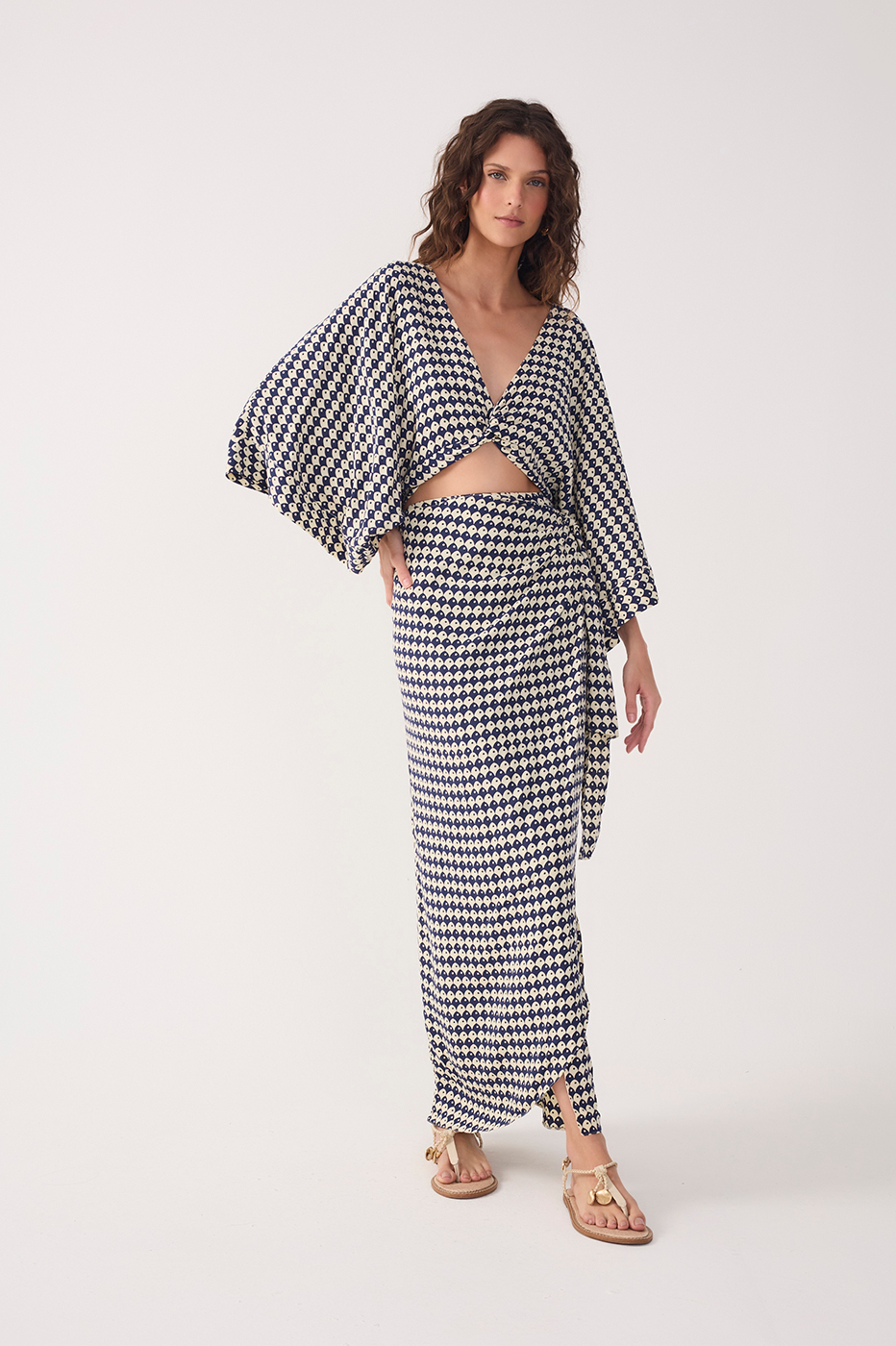 Blue Escama Kimono Sleeve Wrap Maxi Dress in Escama Azul Print Blue Escama Kimono Sleeve Wrap Maxi Dress in Escama Azul Print