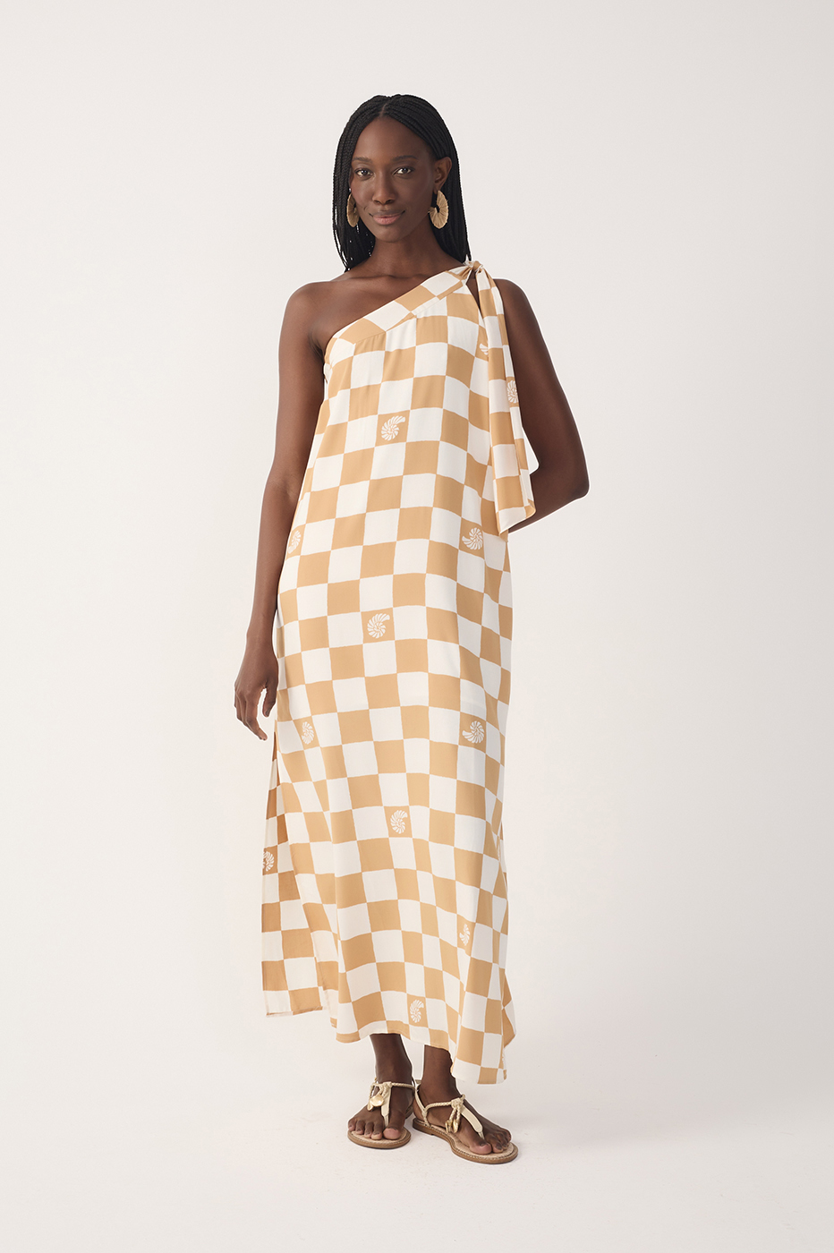 one shoulder gingham dress Grid One-Shoulder Tied Cutout Dress Navy / S