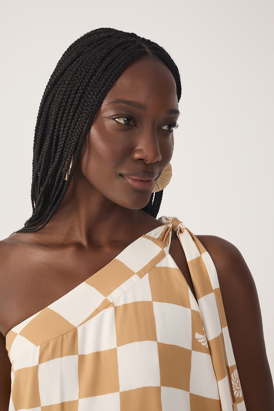 plaid one shoulder dress Brown Concha Plaid One-Shoulder Tie Maxi Dress