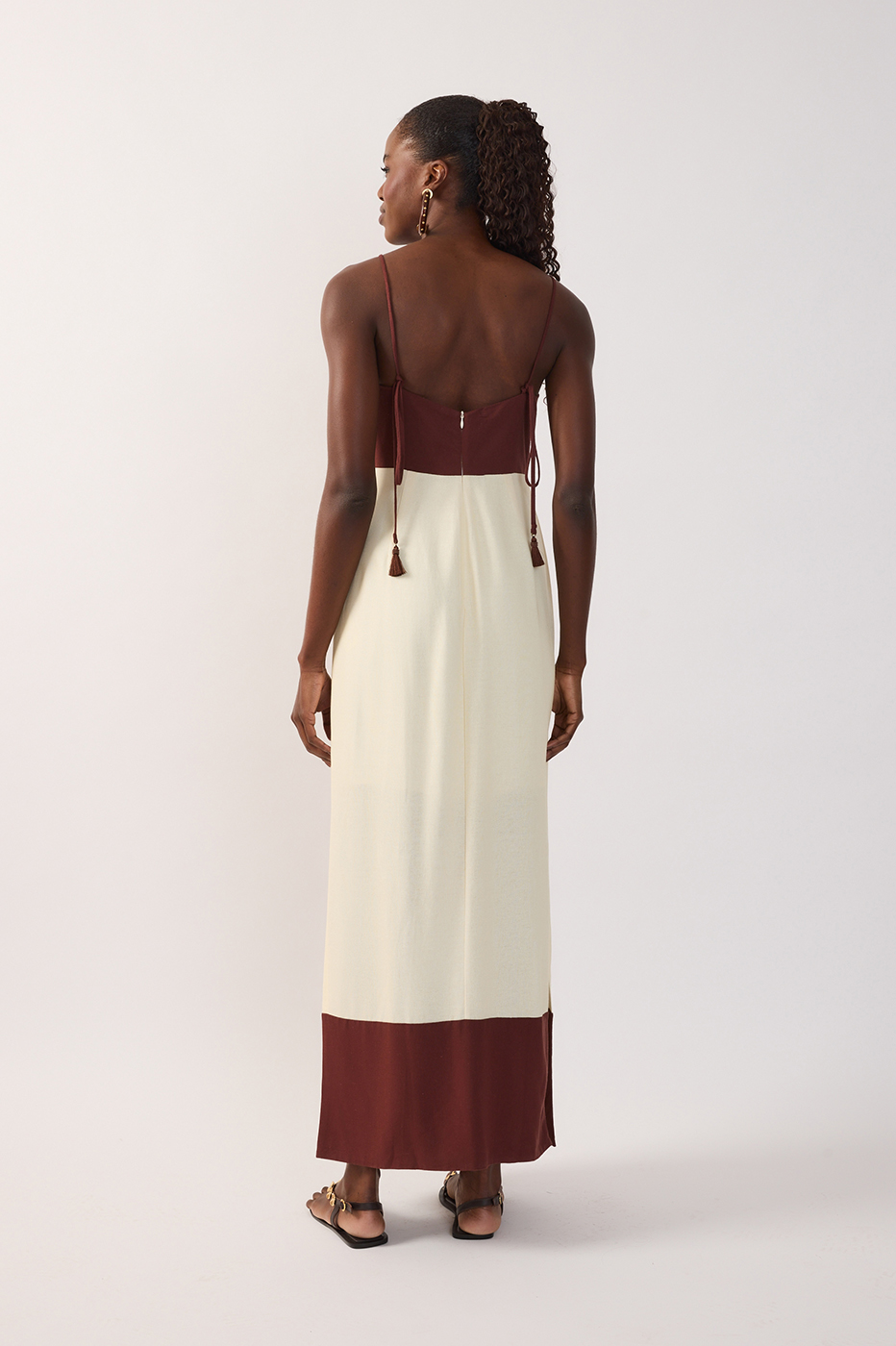 Brown V Neck Back Ties Linen Maxi Dress_8