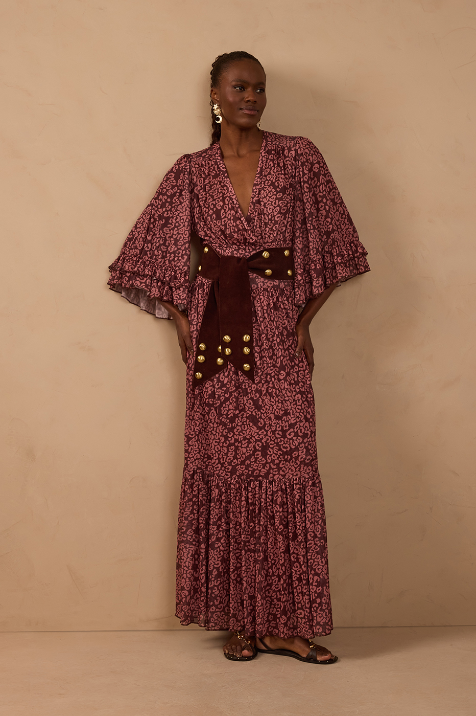 Brown Ruched Ruffled Mesh Maxi Dress_1
