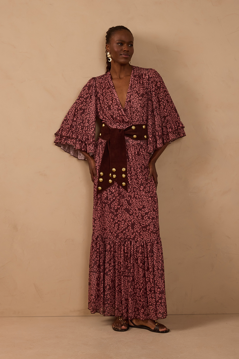 Brown Ruched Ruffled Mesh Maxi Dress_1