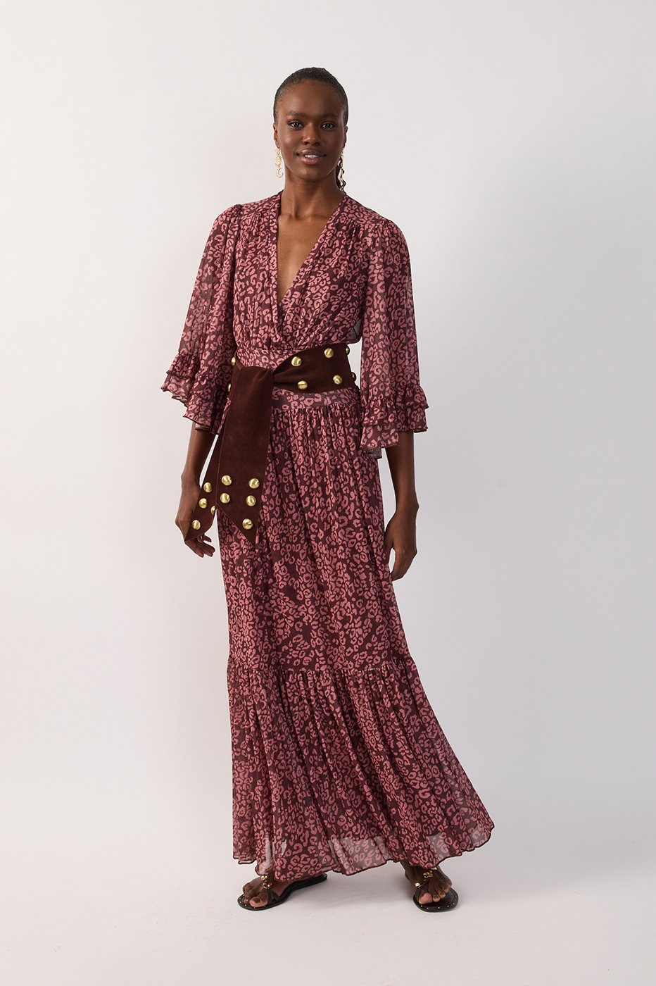 brown mesh wrap dress Brown Ruffle Printed Mesh Wrap Maxi Dress