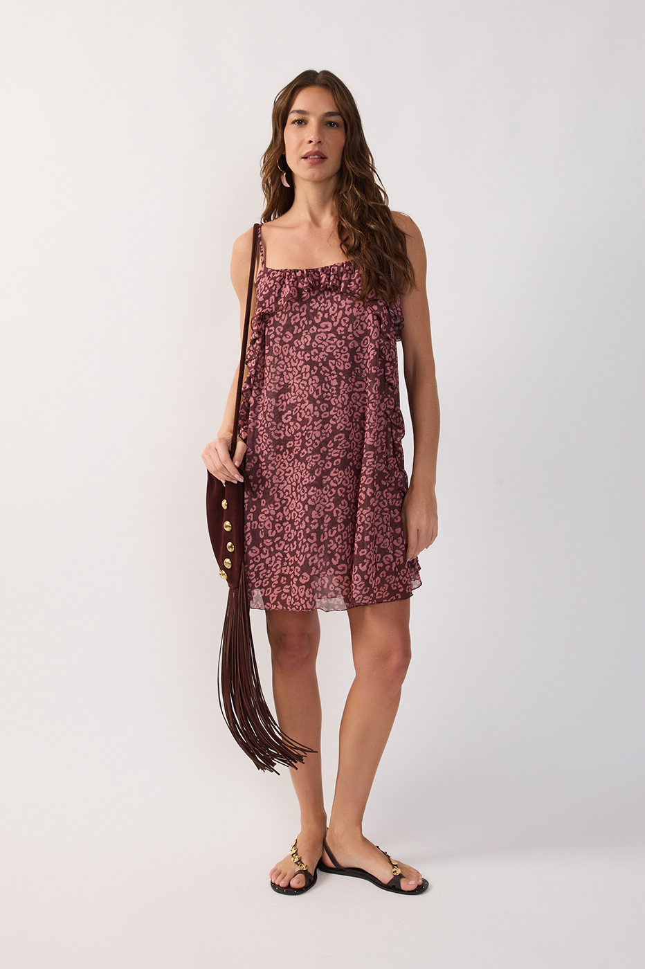 Brown Ruffled Sleeveless Mesh Mini Dress_2
