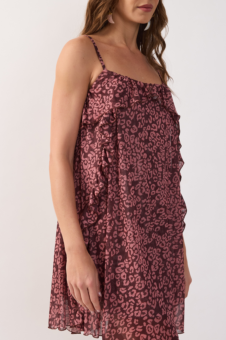 Brown Ruffled Sleeveless Mesh Mini Dress_6