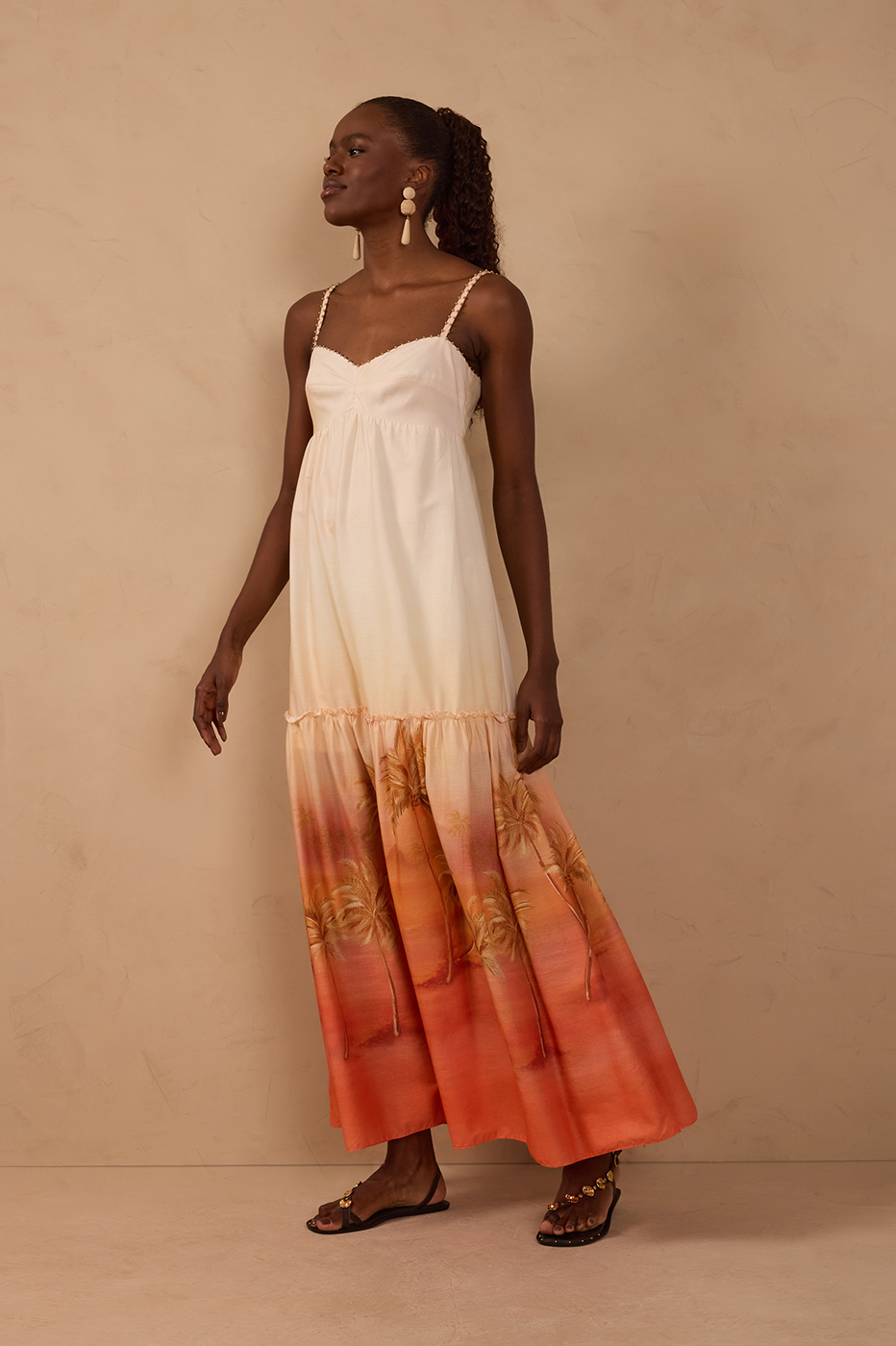 Off-White Beaded Bodice Smock Maxi Dress in Luz Dourada Print