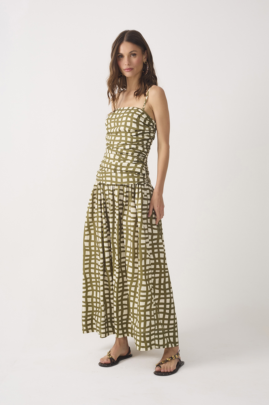 Green Ruched Removable Straps Maxi Dress_2