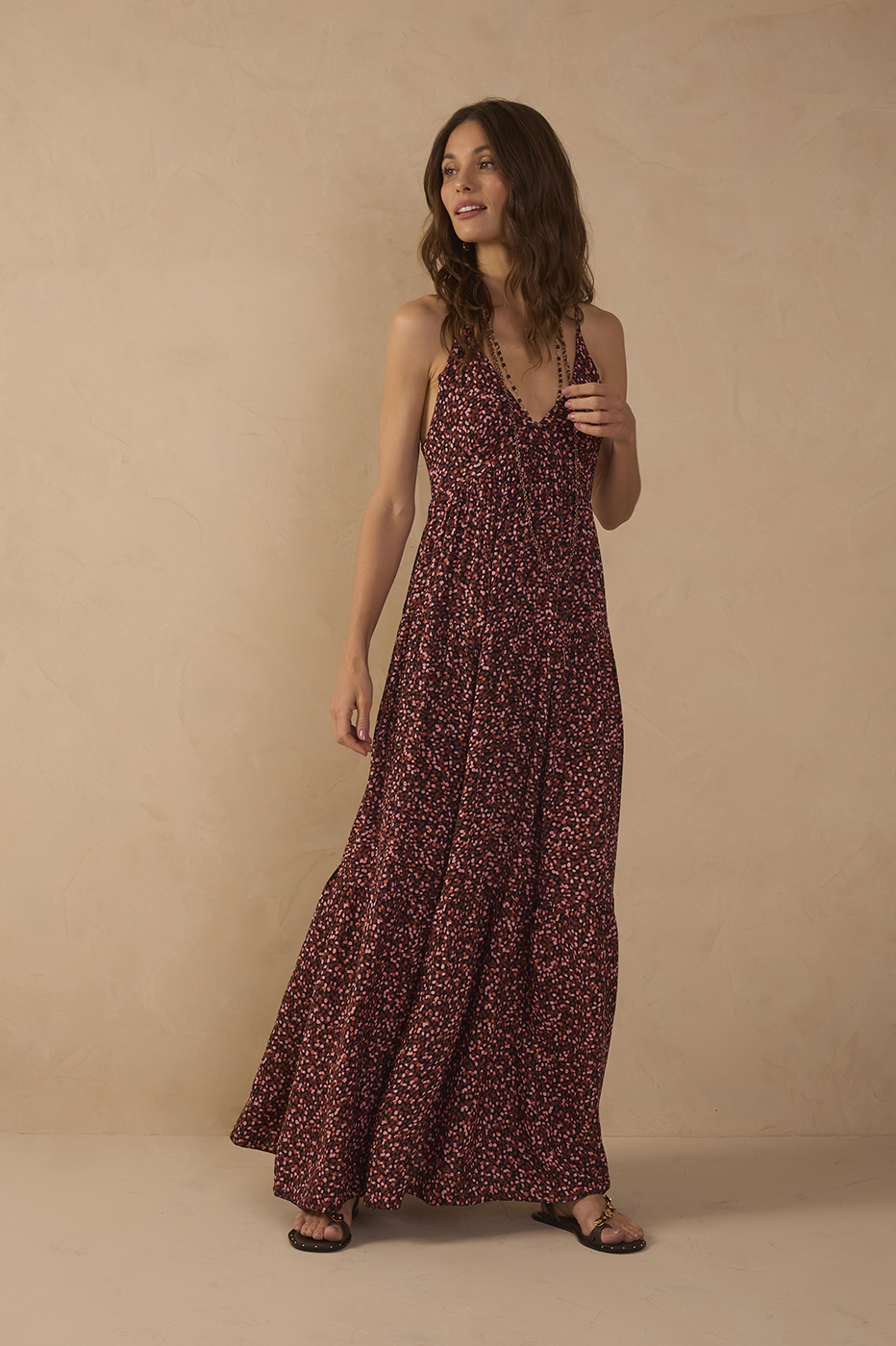 brown strappy maxi dress V Neck Adjustable Strap Short Puff Sleeves Pink season:AW26 The Mango backless beaded Dress Size:14