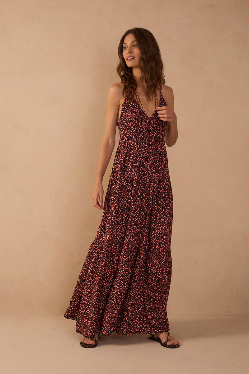 Brown V Neck Adjustable Strap Maxi Dress_1