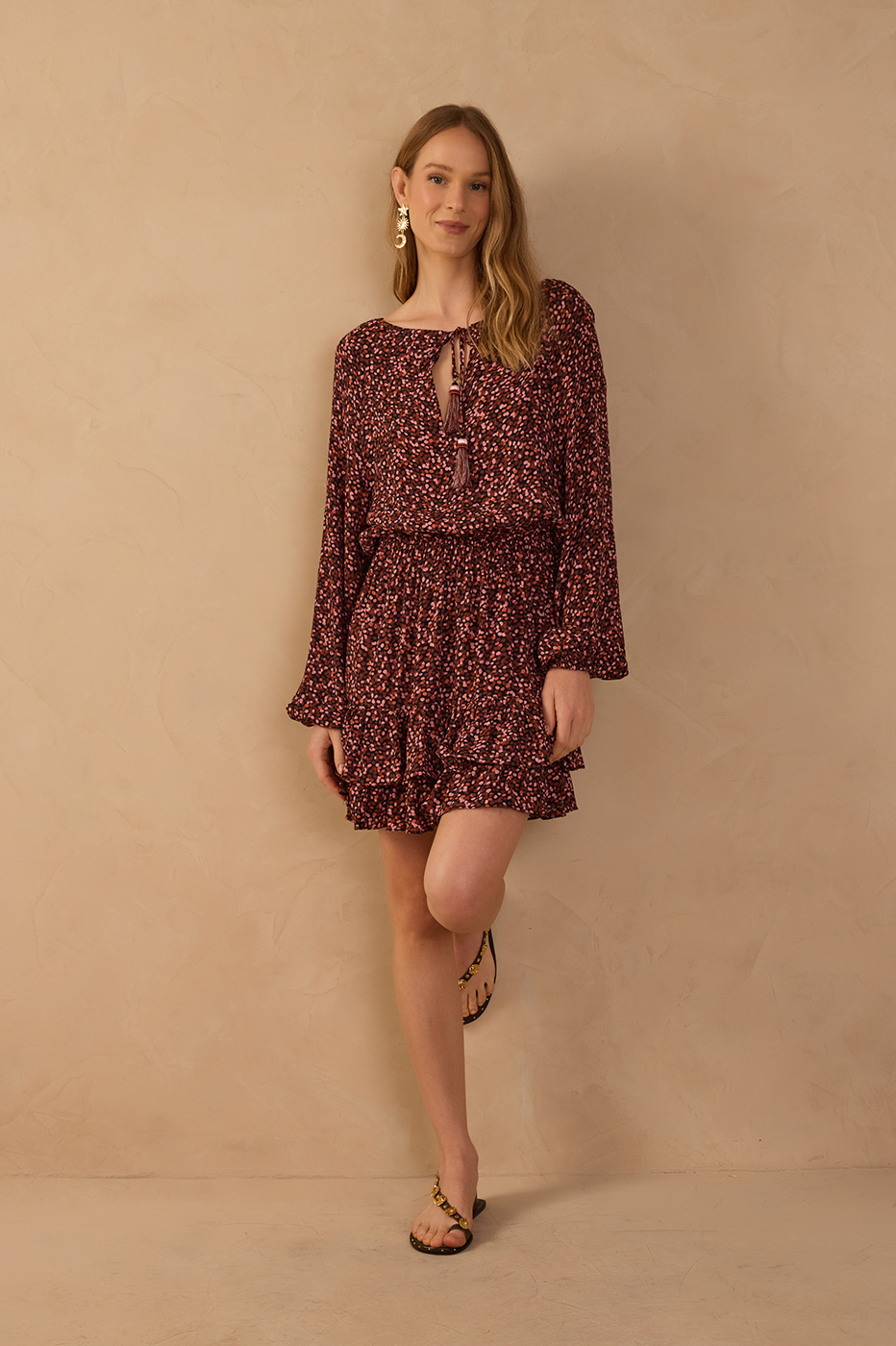 Brown Neck Ties Ruffled Hem Mini Dress