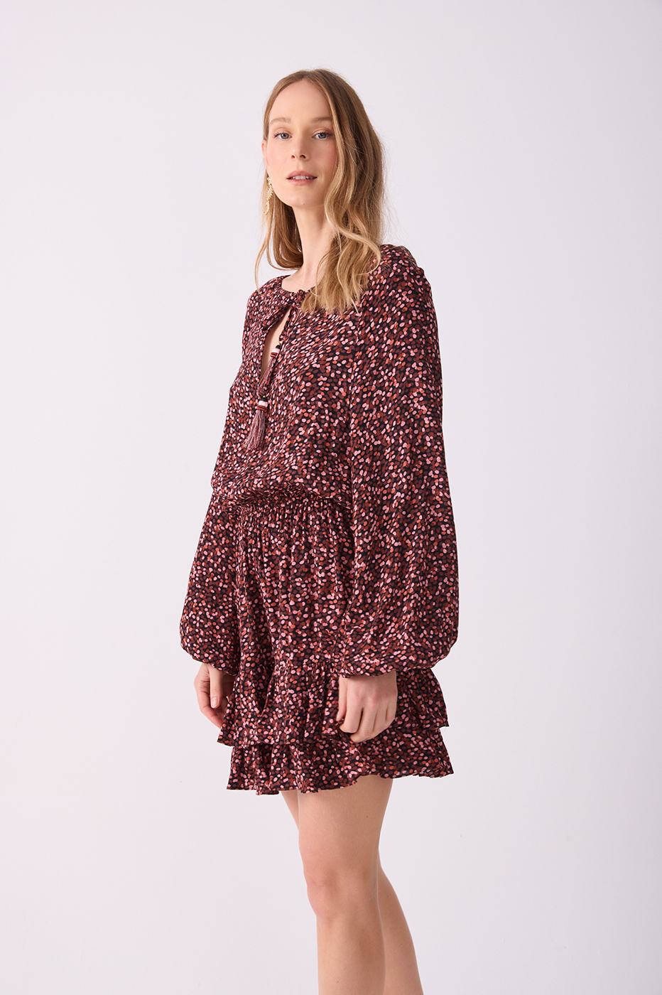Brown Neck Ties Ruffled Hem Mini Dress_3