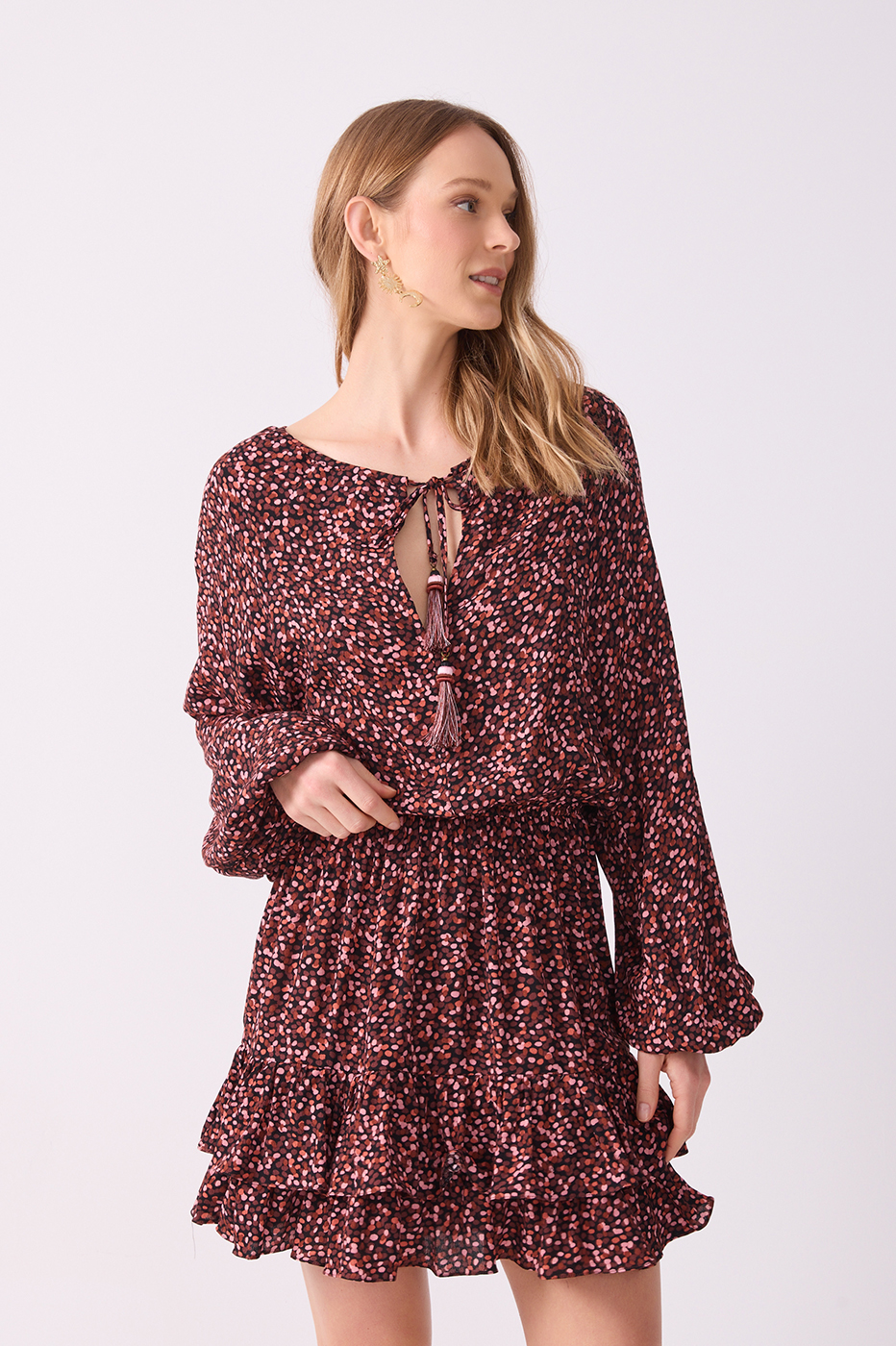 Brown Neck Ties Ruffled Hem Mini Dress_4