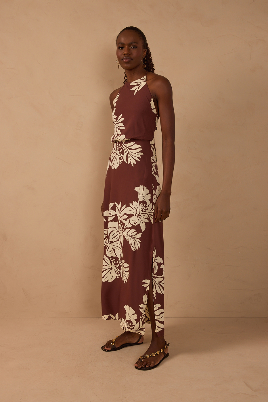 Brown Halter Neck Back Ties Maxi Dress