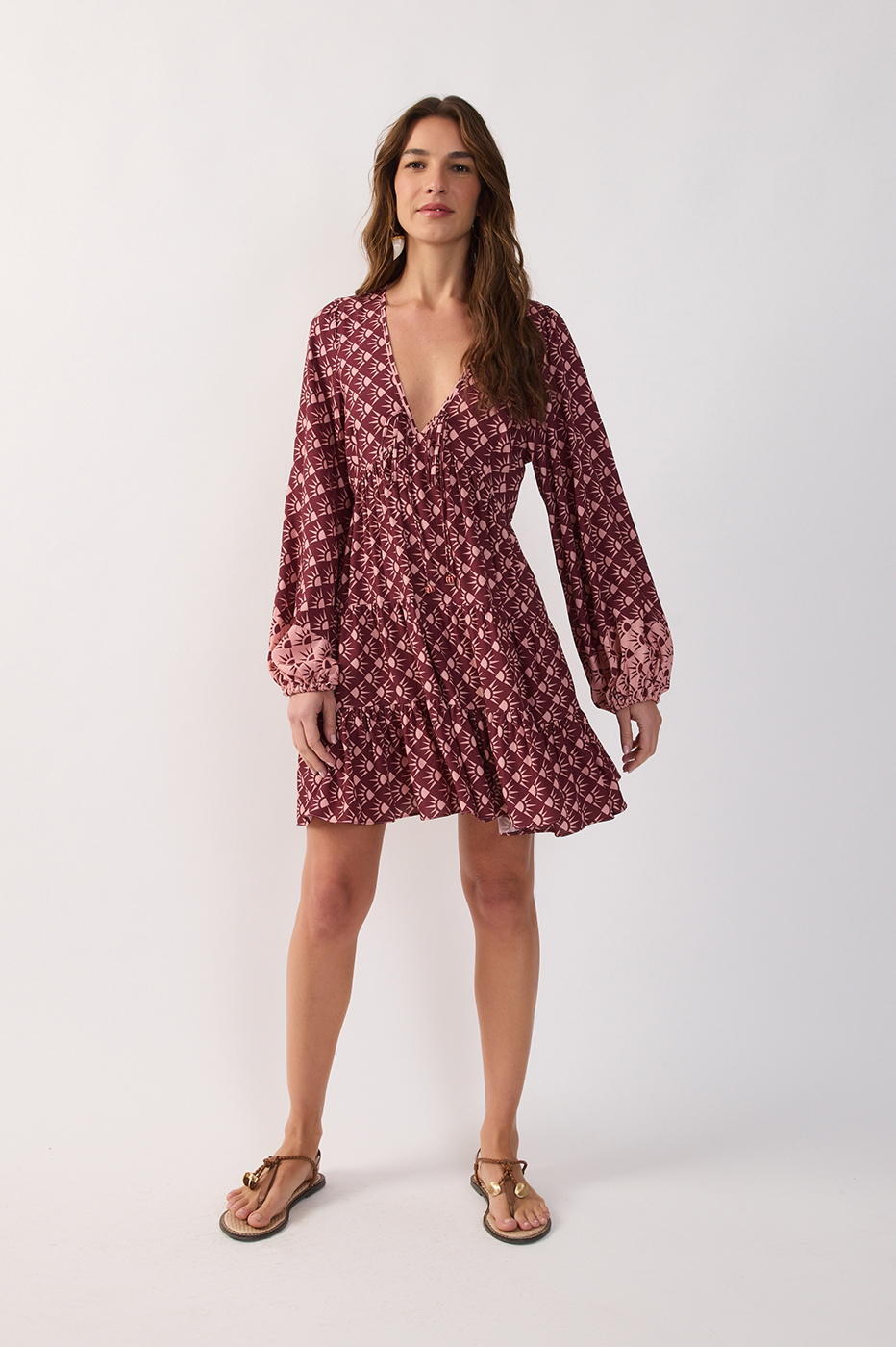 Wine Ties Puff Sleeve Ruffled Mini Dress_2