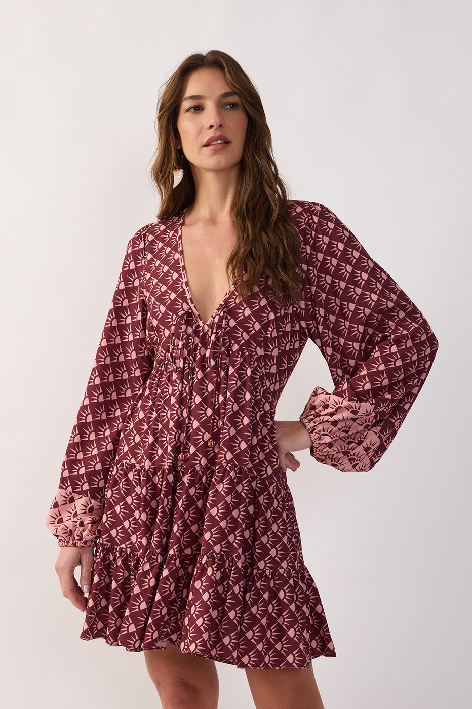 Wine Ties Puff Sleeve Ruffled Mini Dress_4