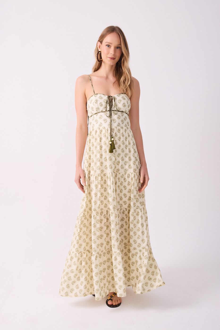 Off-White Front Ties Smocked Maxi Dress_2