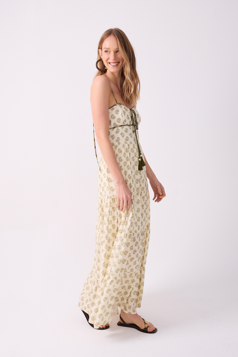 Off-White Front Ties Smocked Maxi Dress_3