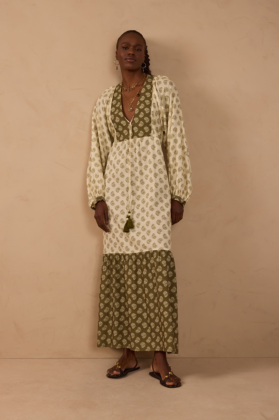 Off-white Miragem Mixed V Neck Ties Puff Sleeve_1