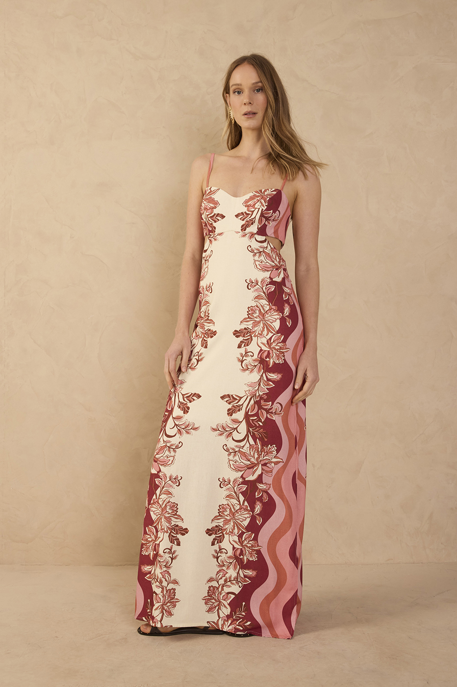 cutout floral maxi dress Off-White Cut-Out Side in Onda Print In Search of Romance glitter prom gown 58 CARE Hand Wash Color:Ivory/Ivory