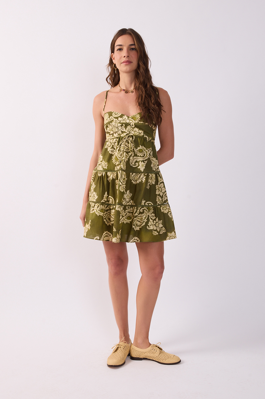 Green Adjustable Strap Tiered Mini Dress_2