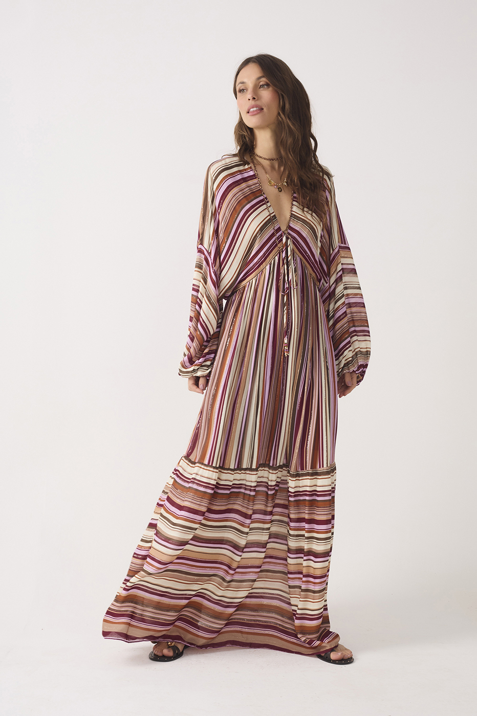 Aurora Stripes Lurex V Neck Wide Sleeve Front Ties Maxi Dress_2