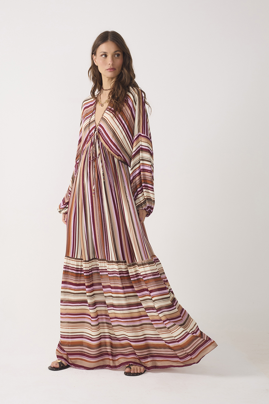 Aurora Stripes Lurex V Neck Wide Sleeve Front Ties Maxi Dress_3