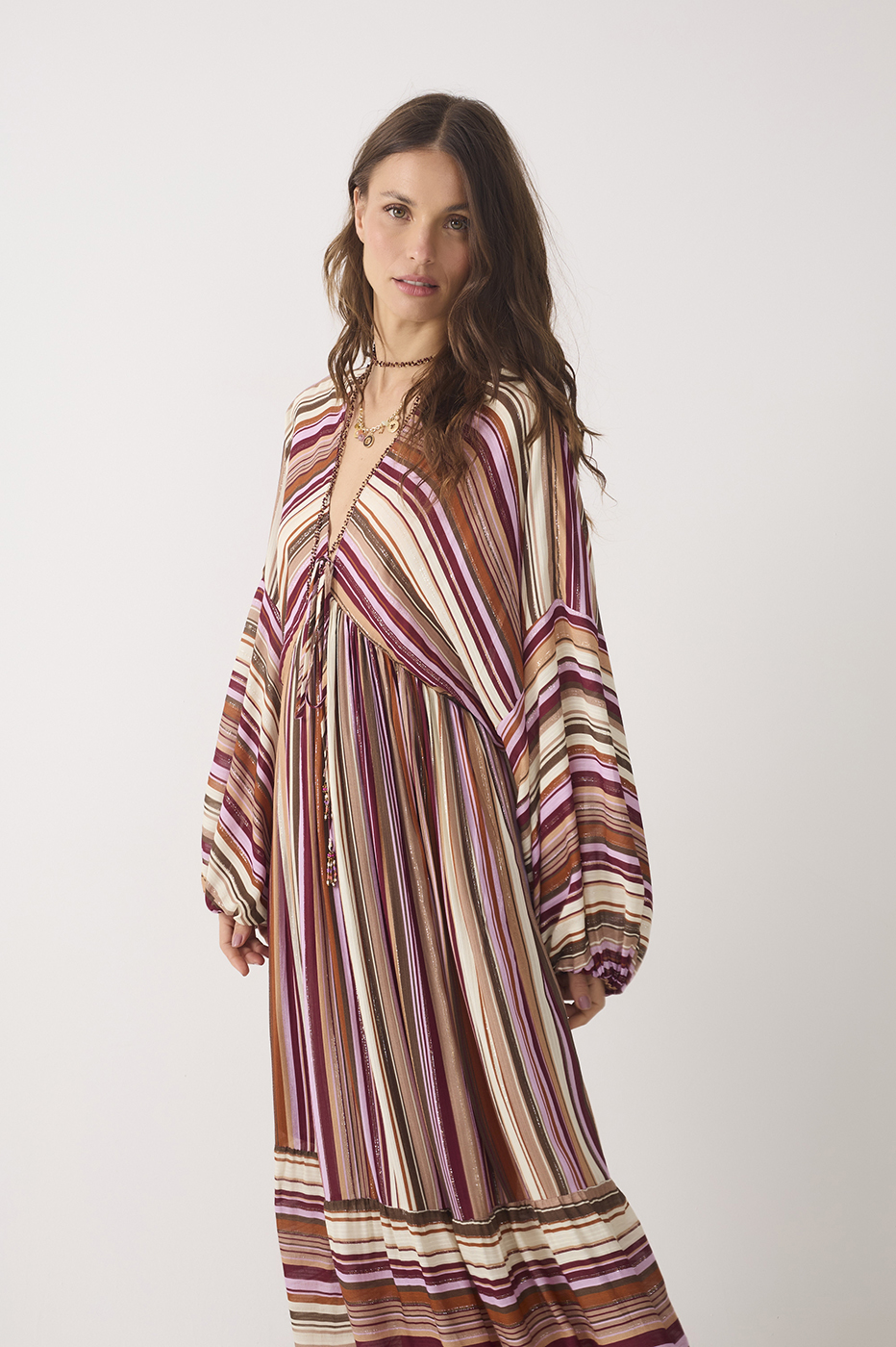 Aurora Stripes Lurex V Neck Wide Sleeve Front Ties Maxi Dress_4