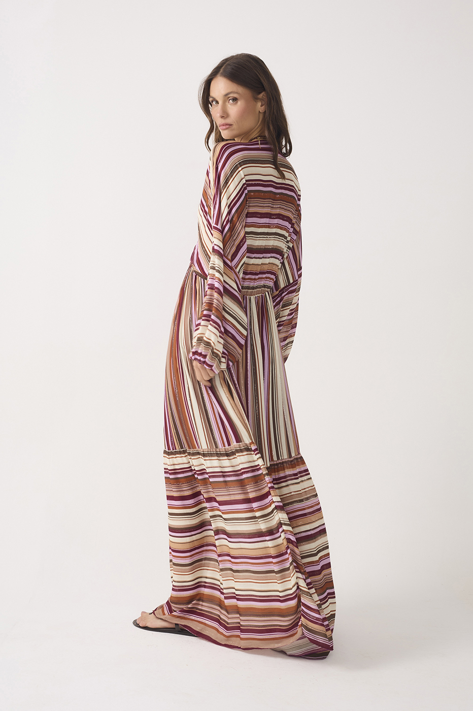 Aurora Stripes Lurex V Neck Wide Sleeve Front Ties Maxi Dress_6
