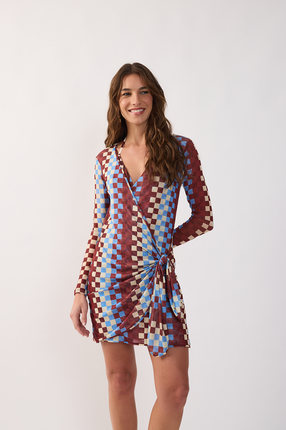 Multicolor Harmonia V Neck Long Sleeve Wrap Tulle Mini Dress_4