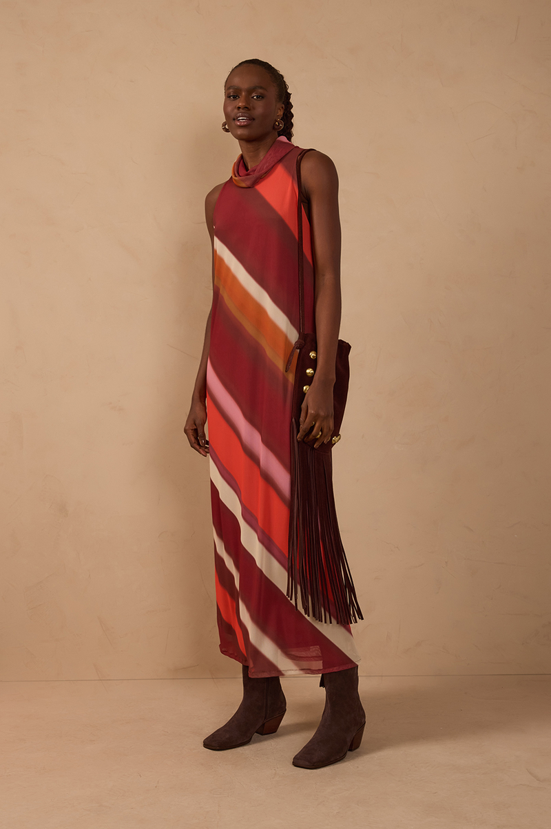 Multicolor Draped Neck Mesh Maxi Dress_1