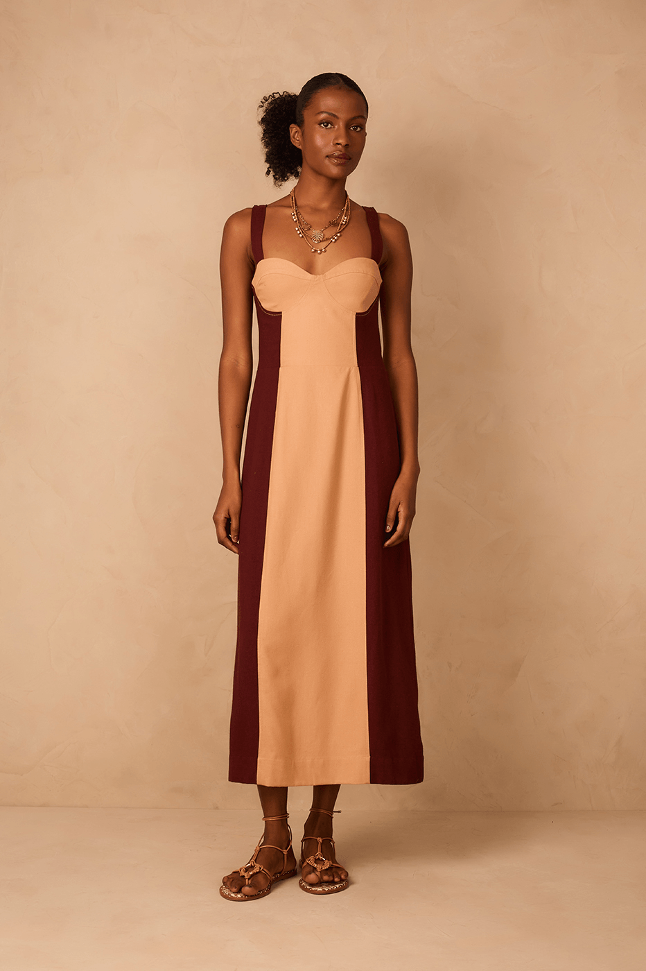 Brown And Beige Linen Midi Dress